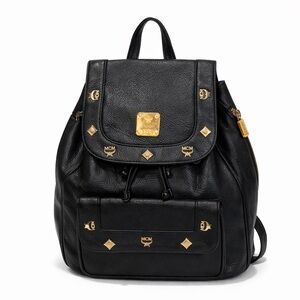 MCM Black Leather Backpack Gold Hardware Designer Bag